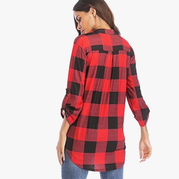 Women Roll-Up 3/4 Sleeve Plaid Shirt Tunic V Neck Casual Pullover Blouses Tops - Picture 5 of 6